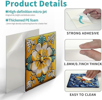 Tile Decals with Vibrant Flower Designs, 6X6IN-12 Pcs | 1.6mm-Thick FOAM+PE Tiles,Strong Adhesive, Waterproof Sticker Decals for Kitchen,Bathroom,Cabinets
