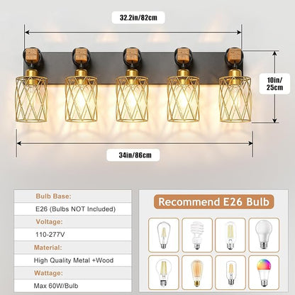 IZORRO Farmhouse Bathroom Vanity Light, 5-Light Wood Bathroom Light Fixtures Over Mirror, Black and Gold Industrial Vanity Lights with Metal Shade, Rustic Restroom Lighting Fixtures