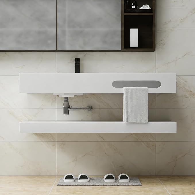 Wall-Mounted Resin Stone 48" Bathroom Sink, Seamless Integrated Vessel Sink with Sloped Design & Open Storage Shelf, Modern Floating Vanity for Bathrooms & Outdoor Spaces