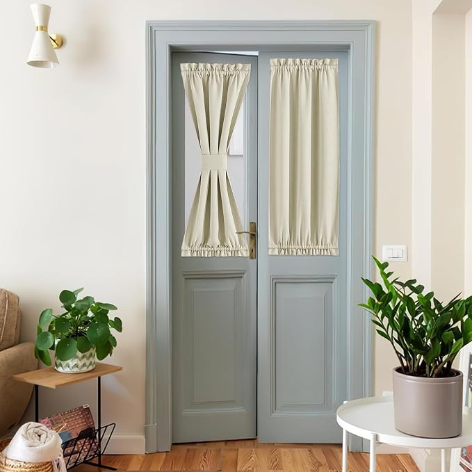 NICETOWN Linen Blackout Door Curtains, Elegance French Door Shades for Privacy, Easy Installed Curtain Panel for Window, Short Curtains for Kitchen (Beige, 25" W x 40" L, 1 Panel)