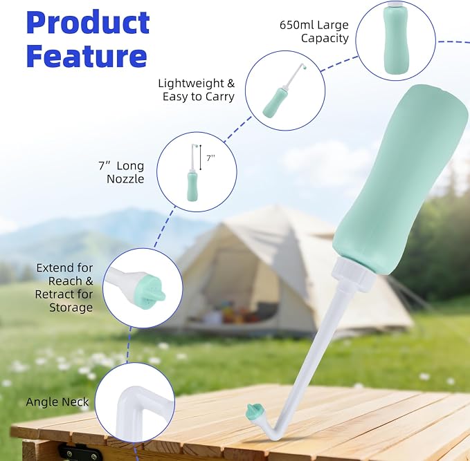 Hibbent Portable Bidet Sprayer and Travel Bidet with Hand Held Bottle for Personal Cleansing, Extended Nozzle Spray for Childbirth, Personal Hygiene, Outdoor, Camping with Travel Bag- 22oz/ Green
