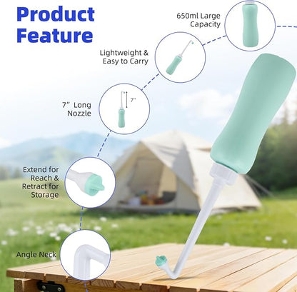 Hibbent Portable Bidet Sprayer and Travel Bidet with Hand Held Bottle for Personal Cleansing, Extended Nozzle Spray for Childbirth, Personal Hygiene, Outdoor, Camping with Travel Bag- 22oz/ Green