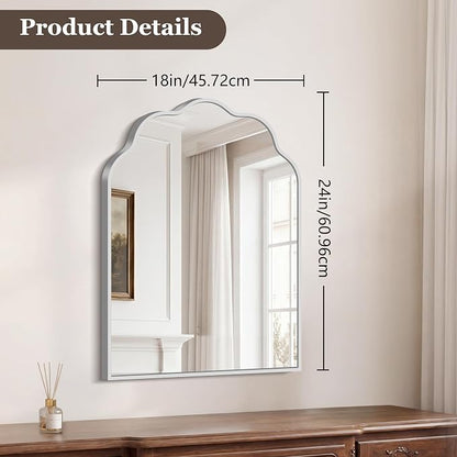 Scalloped Arched Mirror, 18×24Inch Silver Mirror for Bathroom, Wavy Wall Mounted Vanity Mirror with Aluminum Alloy Frame for Livingroom Bedroom and Entryway, Tempered Glass