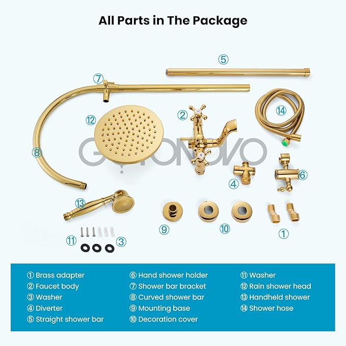 gotonovo Exposed Bathroom Shower Faucet Wall Mounted Shower System 8 Inch Shower Head and Tub Spout Double Cross Handles Adjustable Handheld Sprayer Curved Pipe Polished Gold