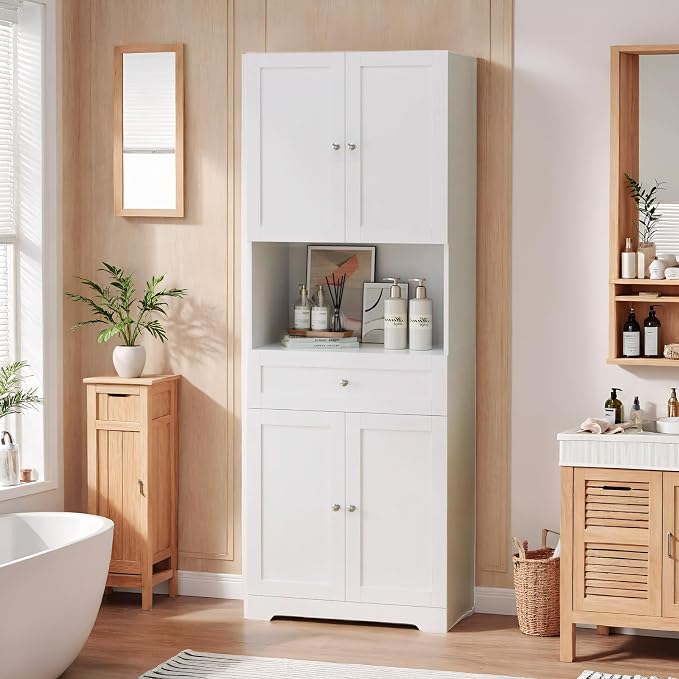 HIFIT Tall Bathroom Storage Cabinet with Drawer, Modern Linen Cabinet,White | 67"H Tall Storage Cabinet with Doors & Shelves, Freestanding Kitchen Pantry for Bathroom, Dining Room, Laundry, Narrow Corner