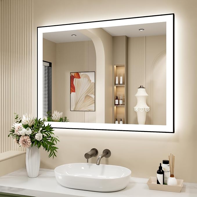 40x32 Inch LED Bathroom Mirror with Black Frame | Black Metal Frame, Front and Backlit, 3 Colors, Dimmable, Memory, Anti Fog, Tempered Glass, Lighted Mirror for Wall