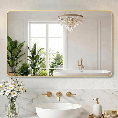NEWBULIG Bathroom Mirror 30x48 Inch, Vanity Wall Mirror for Bathroom Sink | Rectangle Rounded Corners Metal Frame, Over Sink Entryway Bedroom, Horizontal or Vertical Hang, Gold