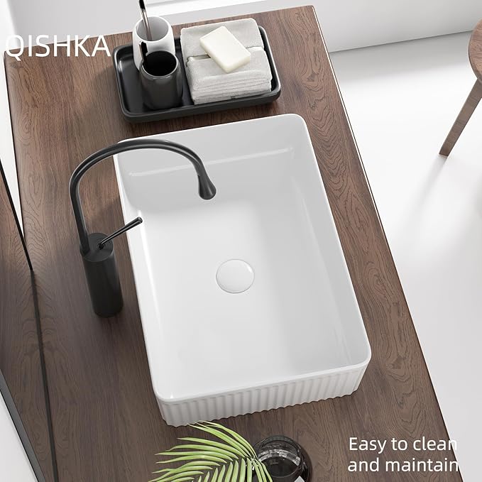 Rectangular Vessel Sink 20 Inch Above Counter - White Ceramic Rectangle Countertop Bathroom Sink, 20" x 13.5" Modern Vanity Art Basin Porcelain Hand Was