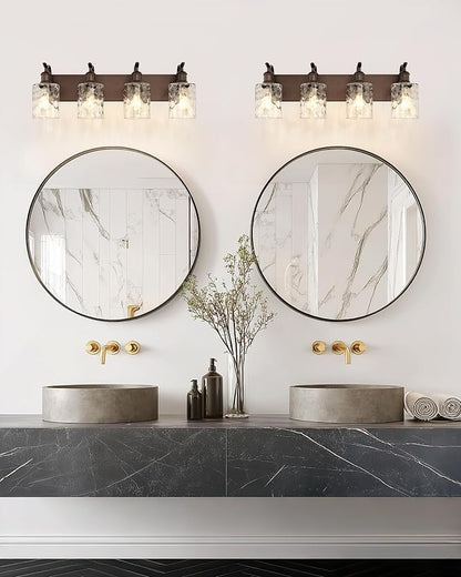 4-Light Bathroom Vanity Light,Hammered Glass,Oil Rubbed Bronze | 27 Inch Over Mirror Wall Light,E26 sockets,for bathroom mirror,powder room,dressing area