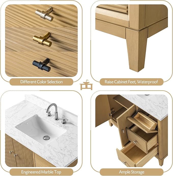 Vanity Art 42" Bathroom Vanity with Single Sink & Arabescato White Engineered Stone Top, Vanity Cabinet with Soft Closing Door, Solid Wood Frame, Golden Brushed Handles, Natural Oak VA8142-NO-GB