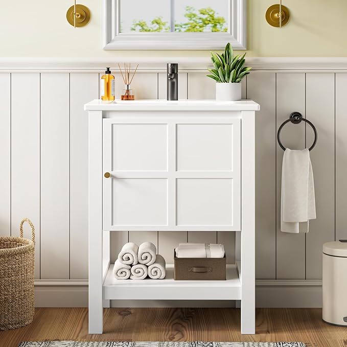 24 Inch Bathroom Vanity with Sink, Small Farmhouse Freestanding Bathroom Cabinet Combo Set, Soft Closing Door and Open Storage Shelf, White