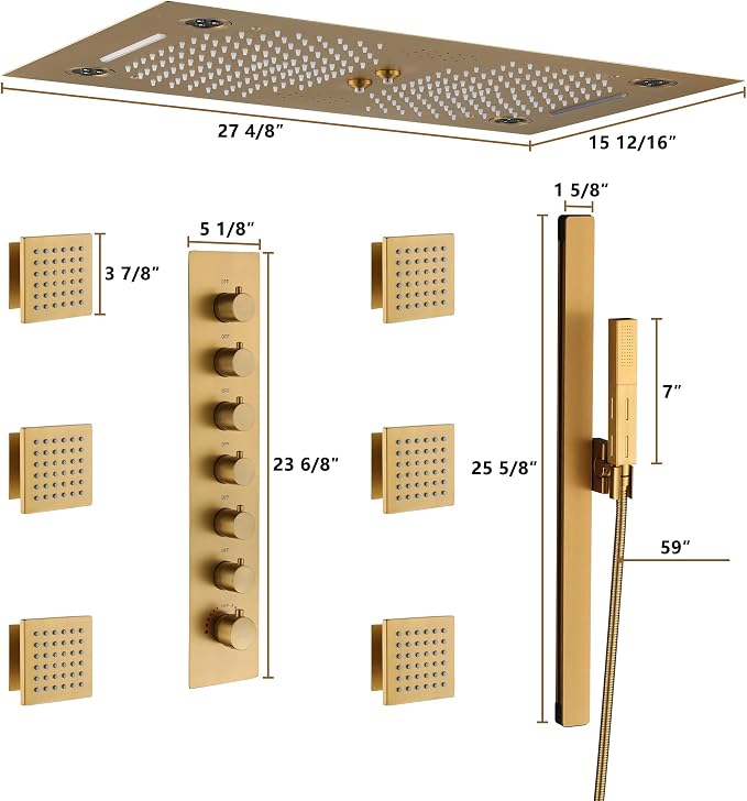 CASAINC 27x16 Inch Thermostatic Shower System Luxurious 6 Functions Full Body Shower System with Sliding Rod 2 in 1 Handheld, LED & Music (Brushed Gold)