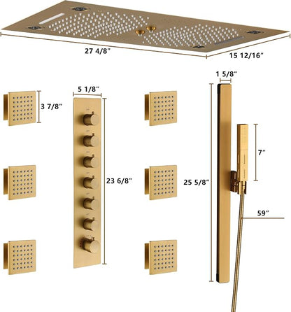 CASAINC 27x16 Inch Thermostatic Shower System Luxurious 6 Functions Full Body Shower System with Sliding Rod 2 in 1 Handheld, LED & Music (Brushed Gold)
