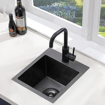 15x15 Drop In Black Bar Sink, 15 Inch Stainless Steel Top Mount Gunmetal Black 16 Gauge Single Bowl Small Kitchen Outdoor RV Sink with Strainer Drain