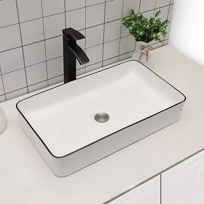 Sarlai Bathroom Sink Rectangular 24"x14" White Vessel Sink with Black Rim Ceramic Porcelain Rectangle Bathroom Vessel Sink Above Counter Vanity Sink Basin