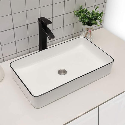 Sarlai Bathroom Sink Rectangular 24"x14" White Vessel Sink with Black Rim Ceramic Porcelain Rectangle Bathroom Vessel Sink Above Counter Vanity Sink Basin