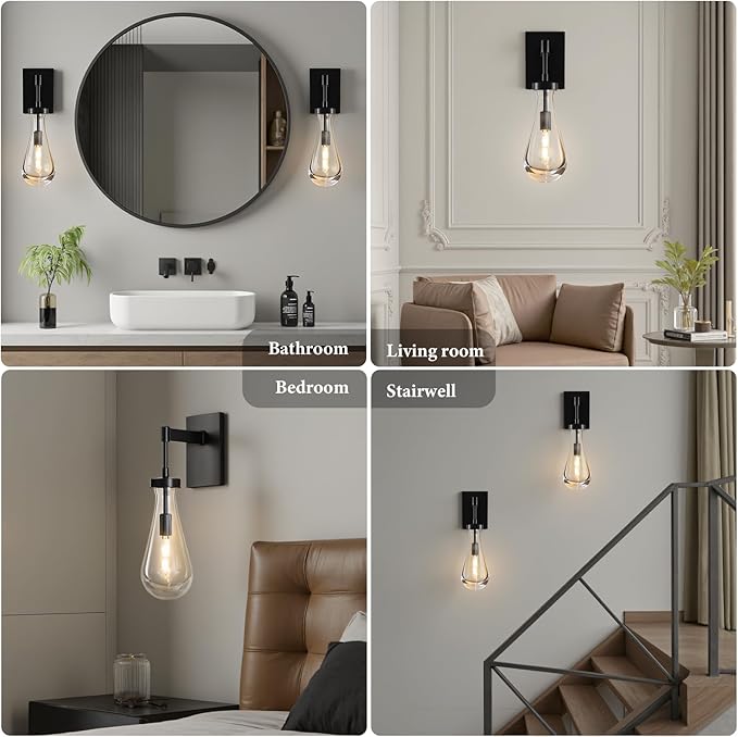 Raindrop Brass Crystal Wall Sconce: Set of 2 Clear Solid Indoor Sconces with Bulbs - Dimmable Vanity Lamp - Luxury Modern Black Light Fixtures for Bedroom Living Room Bathroom Hallway Bedside Lighting