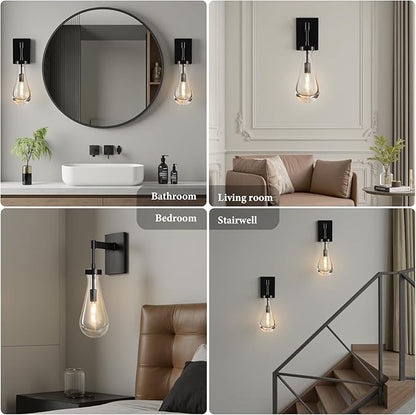 Raindrop Brass Crystal Wall Sconce: Set of 2 Clear Solid Indoor Sconces with Bulbs - Dimmable Vanity Lamp - Luxury Modern Black Light Fixtures for Bedroom Living Room Bathroom Hallway Bedside Lighting