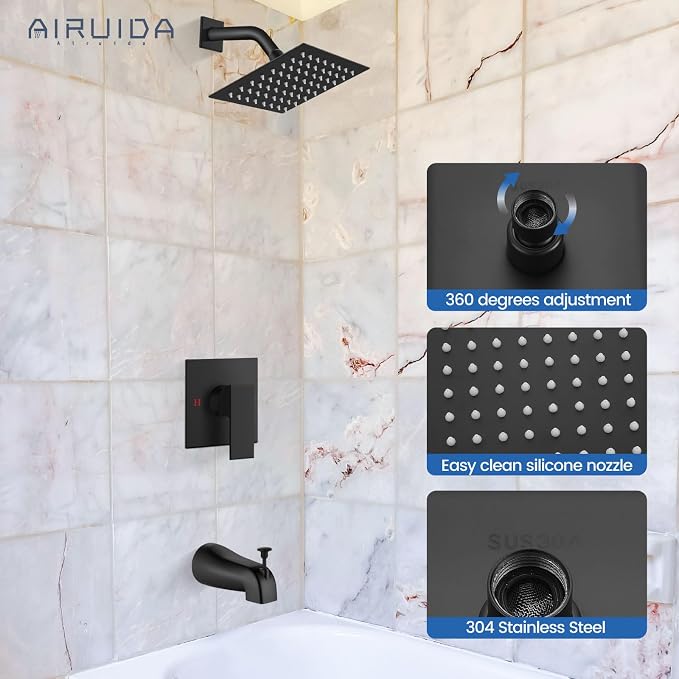 Airuida 6 Inch Shower Faucet Set,Bathtub Faucet Kit,Matte Black | Shower Tub Faucet Set,Male Threads Rough-In Valve,Square Head Shower System