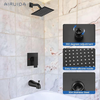 Airuida 6 Inch Shower Faucet Set,Bathtub Faucet Kit,Matte Black | Shower Tub Faucet Set,Male Threads Rough-In Valve,Square Head Shower System