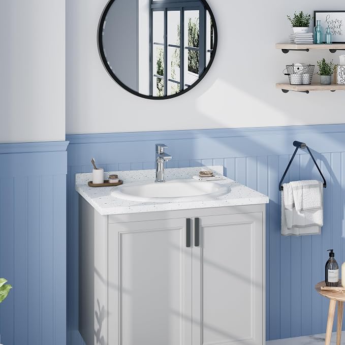Vessel Sink 20.24x17.01 Inch, Ceramic Semi-Recessed Bathroom Sink, Round White Vessel Sink with Single Faucet Hole, Above Counter Vanity Basin