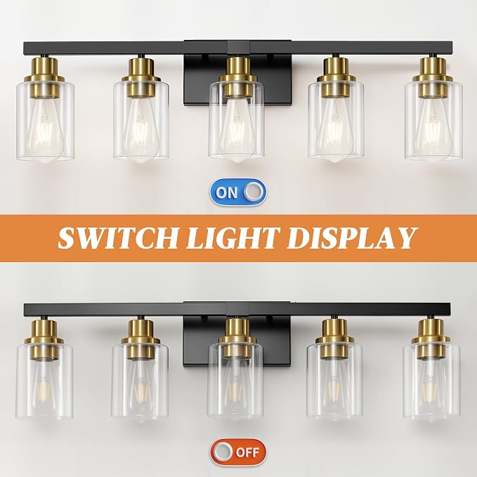 5-Light Black and Gold Bathroom Vanity Light, 30" Modern Vanity Lighting Fixture, Bathroom Light Fixtures, Wall Sconces with Clear Glass Shade, Black Bathroom Wall Light Over Mirror