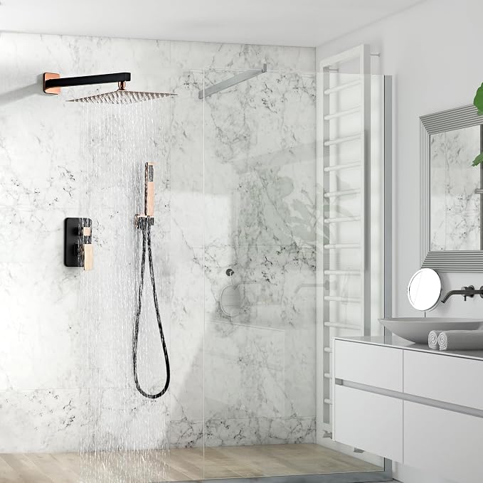 Shower Faucet Set, Matte Black and Rose Gold Rainfall Shower System Complete Wall Mounted for Bathroom with 10 Inch Square Shower Head and Handheld Shower Head Rain Mixer Combo Set
