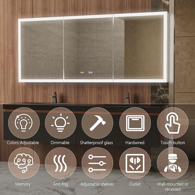 72 in. W Smart Lighted Medicine Cabinet with Mirror for Bathroom, Recessed/Surface Mount Medicine Cabinet with Anti-Fog, 1800W Charging Station, USB Ports, 3 Color Lights