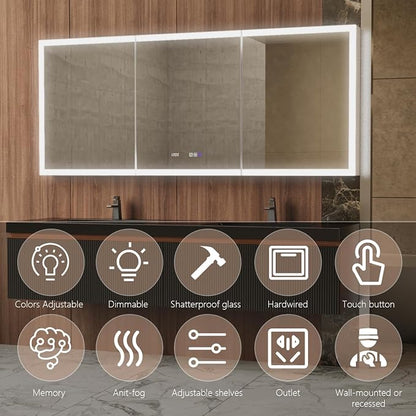 72 in. W Smart Lighted Medicine Cabinet with Mirror for Bathroom, Recessed/Surface Mount Medicine Cabinet with Anti-Fog, 1800W Charging Station, USB Ports, 3 Color Lights