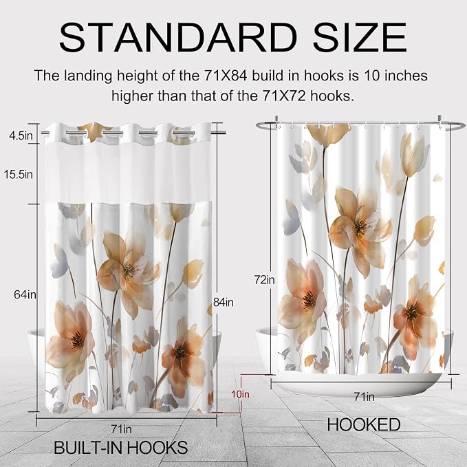 No Hook Shower Curtain and Liner Set, Orange Boho Floral 71x84 | Watercolor Boho Flower, with Snap in Liner, Waterproof, Machine Washable, Quick-Drying, for Hotel Bathroom