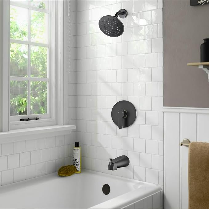 Black Shower Faucet Set with Tub Spout, Black Shower Head and Handle Set, Bathtub Faucet Set with 6 Inch High-Pressure Rain Showerhead