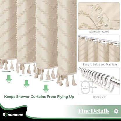 Stall Boho Farmhouse Shower Curtain Tufted Chevron 60"x72" Beige | 60 Inch Wide, Elegant Tassel, Lightweight Textured Fabric, Water Repellent, Washable, for Narrow Bathroom/Dorm 10 Hooks