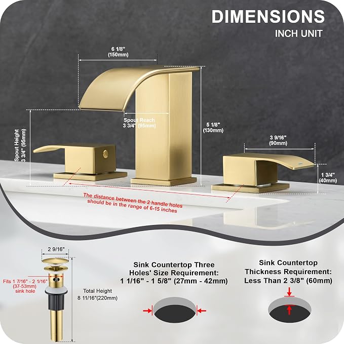 8 Inch Waterfall Bathroom Faucets 3 Hole - Brushed Gold Widespread Bathroom Faucet with Pop-up Drain, Two Handles Bathroom Sink Faucet, Modern Vanity Sink faucets with Supply Lines