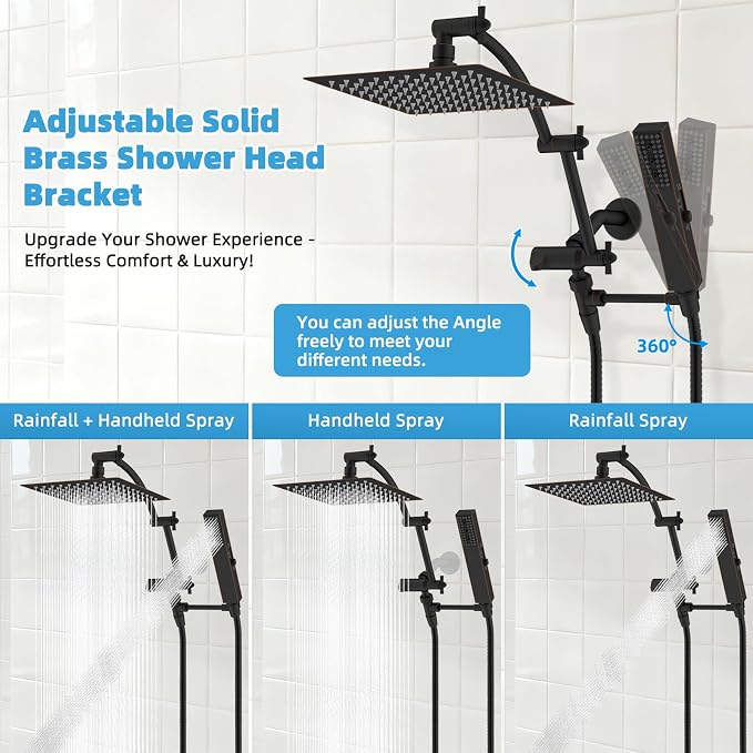 Hibbent All Metal CUPC Certified 8'' Rain Shower Head, Dual Shower Head Combo, High Pressure Handheld 4 Sprays Shower Wand, 16'' Adjustable Extension Arm, 71'' Hose, Shower Holder, Oil Rubbed Bronze