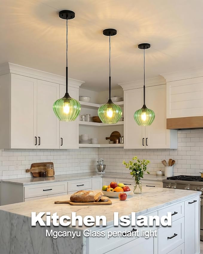 2-Pack Green Pendant Lights Kitchen Island, 7.7" Vintage Glass Pendant Lighting Fixtures Mini Hanging Light for Kitchen, Dining Room, Bathroom, Bedroom