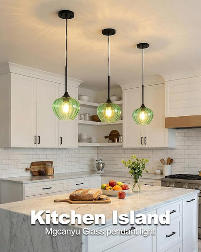 2-Pack Green Pendant Lights Kitchen Island, 7.7" Vintage Glass Pendant Lighting Fixtures Mini Hanging Light for Kitchen, Dining Room, Bathroom, Bedroom