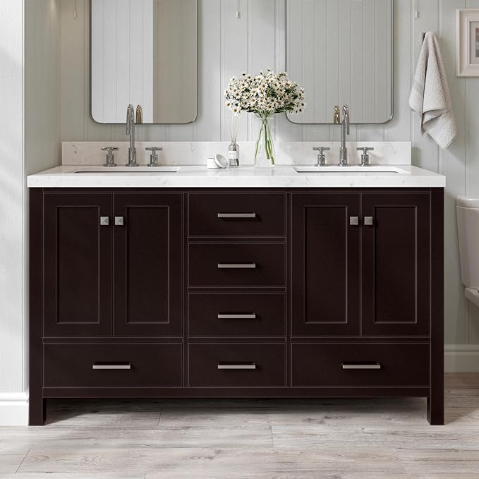 ARIEL Cambridge 60-inch Bathroom Vanity with Sink,Solid Wood, 1.5-inch Carrara White Quartz Countertop, Double Rectangular Porcelain Sink, 4 Soft Closing Doors, 6 Dovetail Drawers, Espresso
