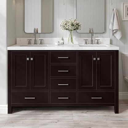 ARIEL Cambridge 60-inch Bathroom Vanity with Sink,Solid Wood, 1.5-inch Carrara White Quartz Countertop, Double Rectangular Porcelain Sink, 4 Soft Closing Doors, 6 Dovetail Drawers, Espresso