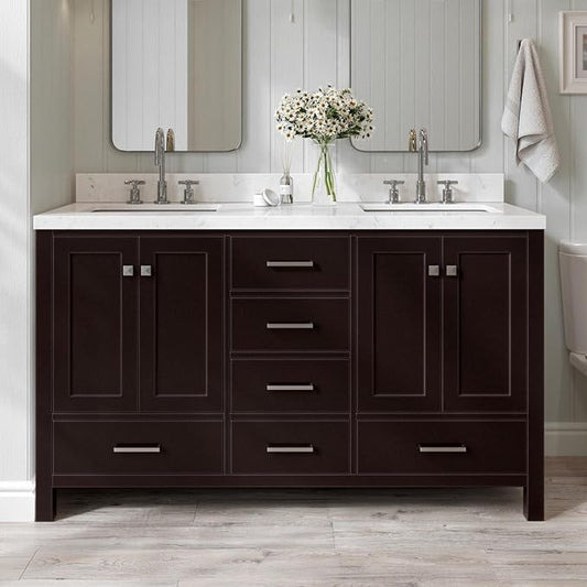 ARIEL Cambridge 60-inch Bathroom Vanity with Sink,Solid Wood, 1.5-inch Carrara White Quartz Countertop, Double Rectangular Porcelain Sink, 4 Soft Closing Doors, 6 Dovetail Drawers, Espresso
