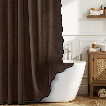 MIULEE 84" Long Brown Scalloped Linen Shower Curtain 72W x 84L | 12 metal hooks, Linen scalloped, waterproof washable, thick heavy cloth, black border, boho farmhouse, bathroom hotel use