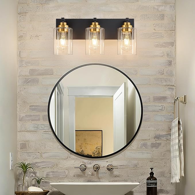 Vanity Lights for Bathroom, 3-Light Black and Gold Bathroom Vanity Light Over Mirror with Clear Glass Shades, Modern Bathroom Light Fixtures for Living Room Hallway Cabinet (Bulbs Not Included)