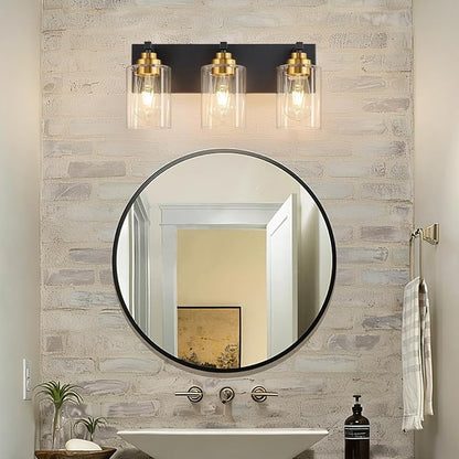 Vanity Lights for Bathroom, 3-Light Black and Gold Bathroom Vanity Light Over Mirror with Clear Glass Shades, Modern Bathroom Light Fixtures for Living Room Hallway Cabinet (Bulbs Not Included)