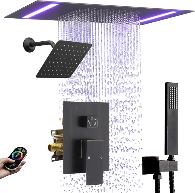 Rain Shower Head System with 14x20 Inch Ceiling Mount LED Head & 6 Inch Wall Head and Handheld Shower 3 Way Pressure Balance Valve Kit, Oil Rubbed Bronz