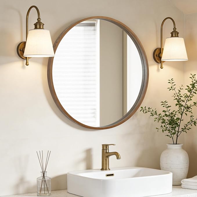 Wood Round Mirror with Wood Frame 24 inch Circle Wall Mirror for Bathroom Round Wall Mirror for Wall Decor, Vanity, Entryway Living Room (Walnut)