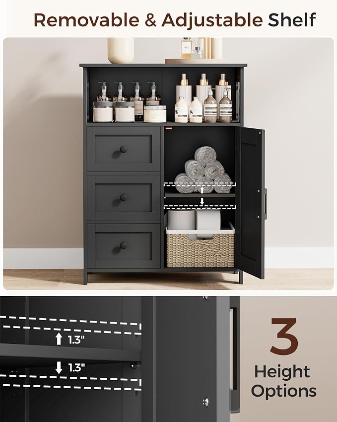 Homhedy Bathroom Storage Cabinet with 3 Drawers, Toilet Paper Cabinet | Farmhouse Freestanding Floor Cabinet with Door and Adjustable Shelf, Small Cabinet for Bathroom, Living Room, Black