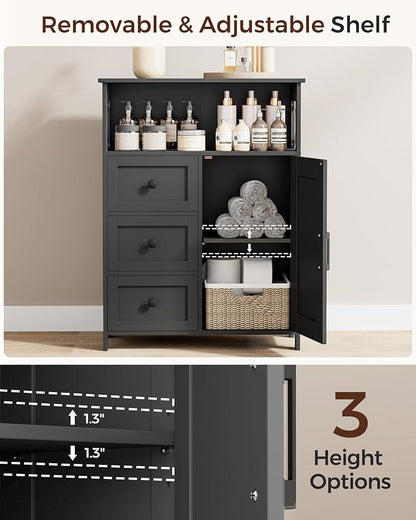 Homhedy Bathroom Storage Cabinet with 3 Drawers, Toilet Paper Cabinet | Farmhouse Freestanding Floor Cabinet with Door and Adjustable Shelf, Small Cabinet for Bathroom, Living Room, Black
