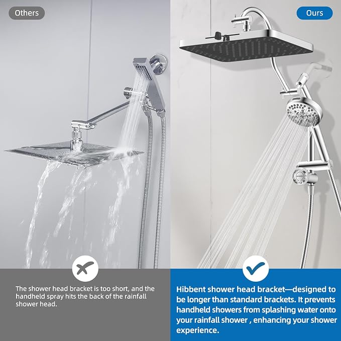 Hibbent cUPC Certified High Pressue 13'' Rainfall Shower Head with 5-Spray | Shower Heads with Handheld 10-Spray Combo, All Metal Easy Reach 4-way Diverter Extension Arm, 71'' Hose & Holder, Chrome