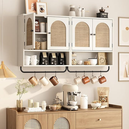 RUSTOWN Rattan Bathroom Wall Cabinet, Boho Medicine Cabinet with 2 Arched Doors, Farmhouse Over The Toilet Storage Cabinets with Adjustable Shelves & Towel Bar, 3-Tier Wall Mounted Cabinets