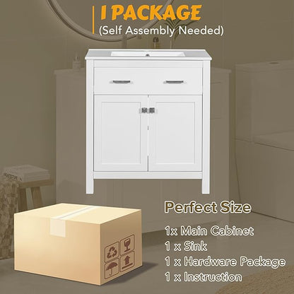 30 Inch Bathroom Vanity with Sink, Bathroom Vanities 30" with Sink, 30 in Vanity with Sink for Bathroom, Restroom Vanity with Sink, Flip Drawer, Cabinet and Door Shelves (White)