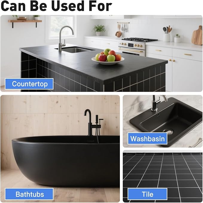 DWIL Tub Paint, Tub and Tile Refinishing Kit 33oz with Tools and 2 Grout Pen, Black Bathtub Paint Water Based &Low Odor, Easy to Use Sink for Bathroom Kitchen, Semi-Gloss Black, 50-55sq.ft